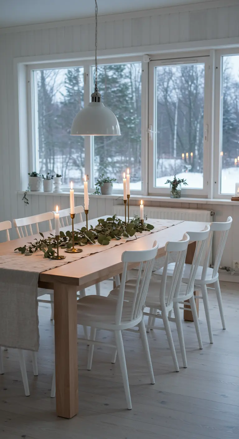 Table à manger en bois clair avec chemin de table végétal et chandeliers.