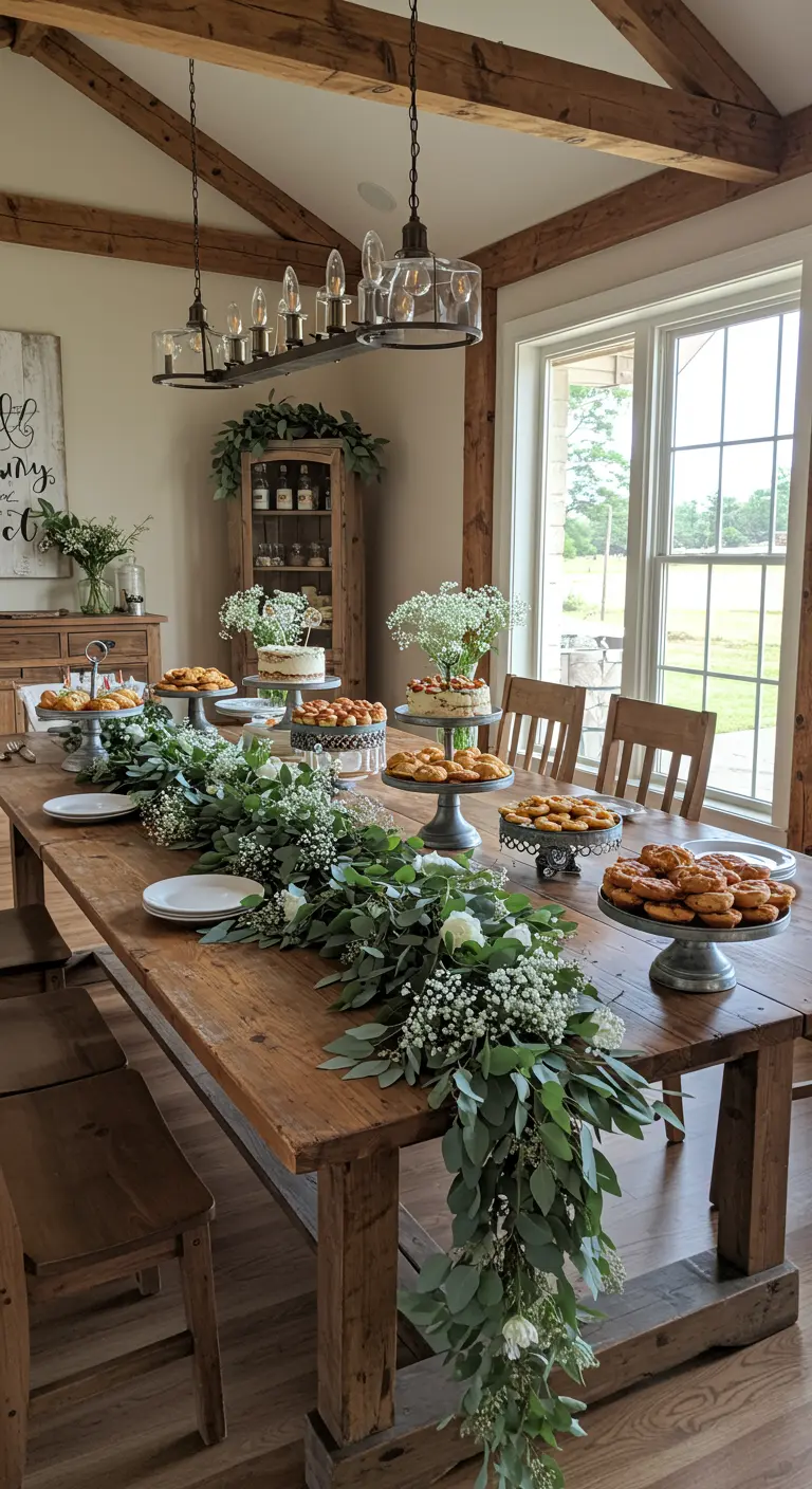 Table de fête rustique avec une longue guirlande d'eucalyptus et des gâteaux sur présentoirs.