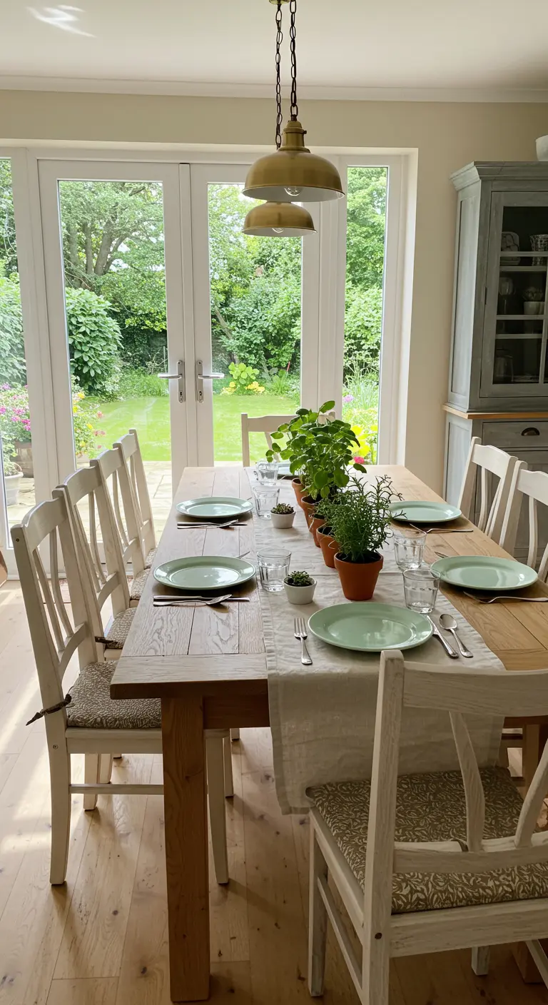 Table de salle à manger en bois avec des assiettes vertes et des herbes en pot comme centre de table.