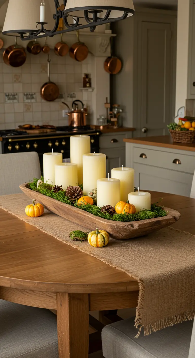 Centre de table dans une auge en bois remplie de mousse, de bougies et de citrouilles.