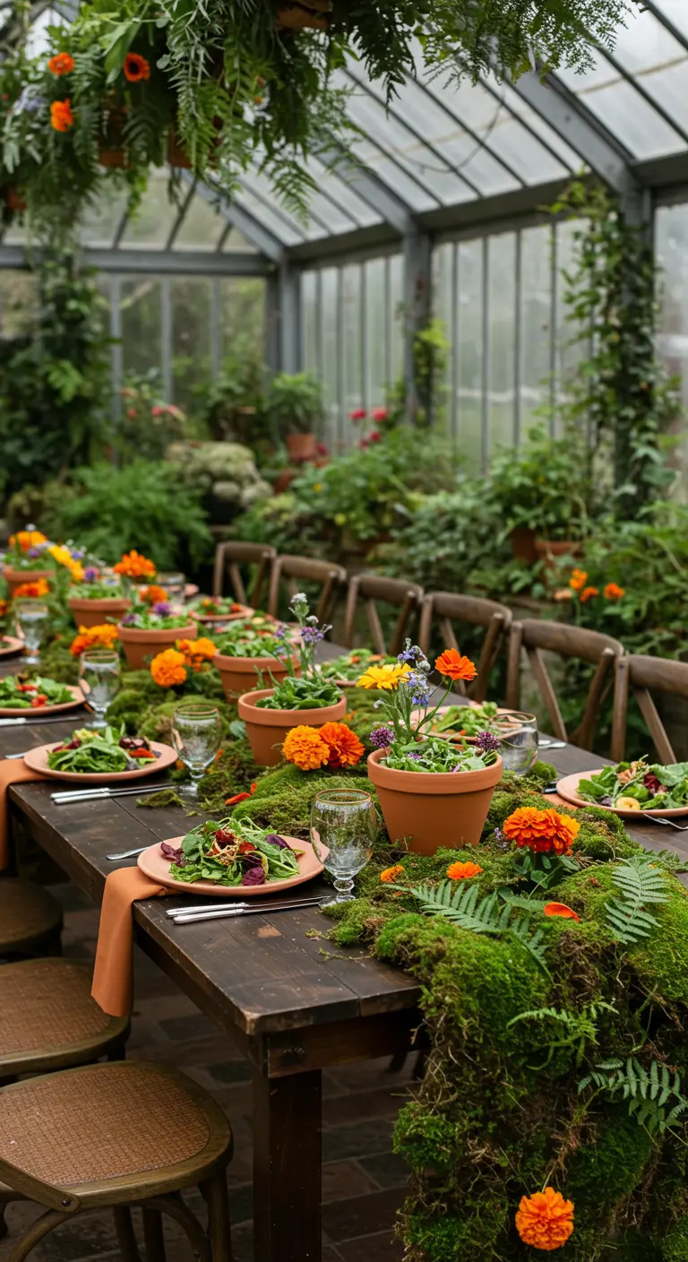 Table de brunch dans une serre avec un chemin de table en mousse et pots de fleurs.
