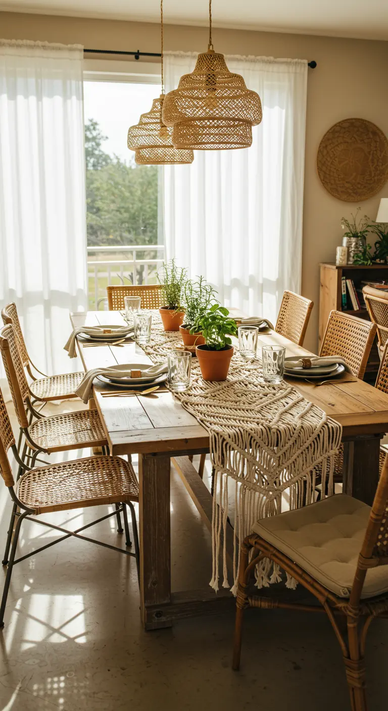 Table de brunch bohème avec chaises en rotin et chemin de table en macramé.