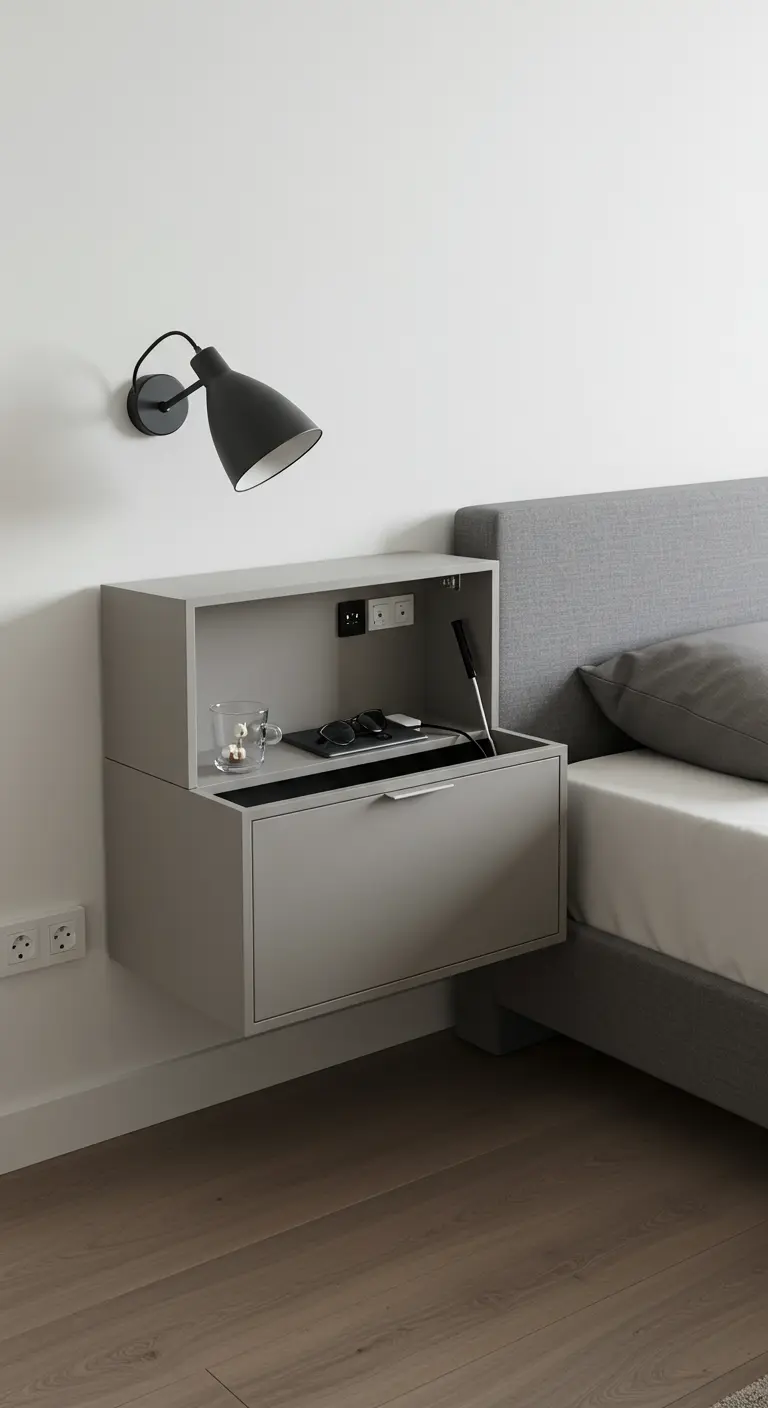 Table de chevet suspendue grise avec un compartiment supérieur secret pour chargeurs.