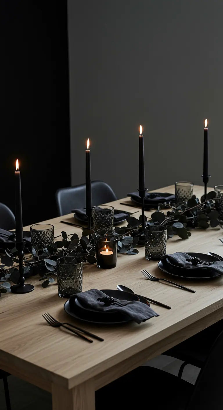 Table minimaliste avec de la vaisselle noire et un chemin de table en eucalyptus.