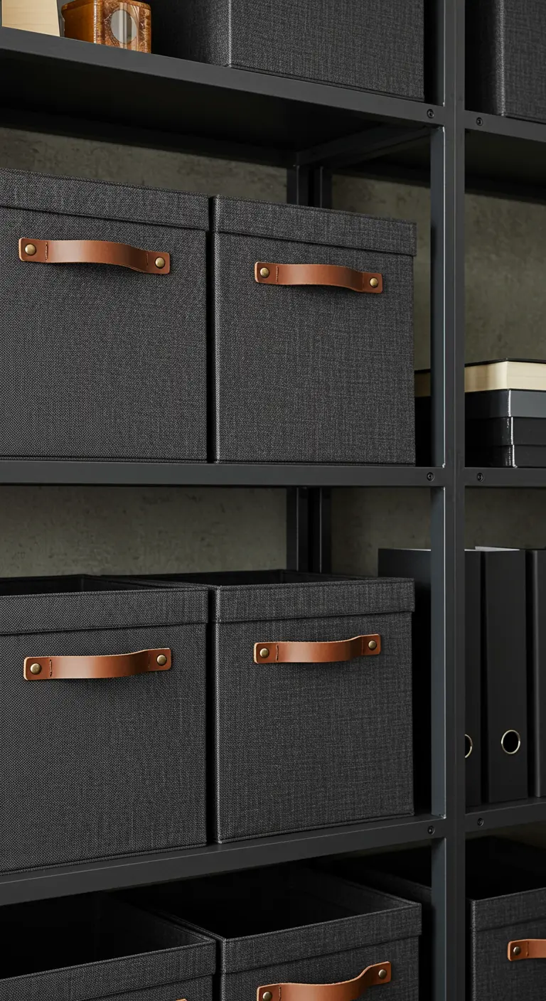 Gros plan sur des boîtes de rangement en tissu gris foncé avec des poignées en cuir marron.
