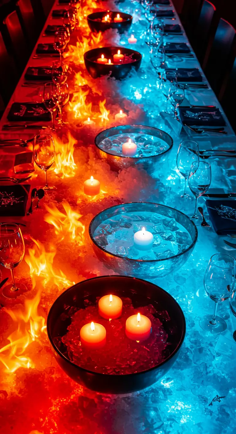 Longue table décorée sur un thème de feu et de glace, avec des bougies flottantes dans des bols.