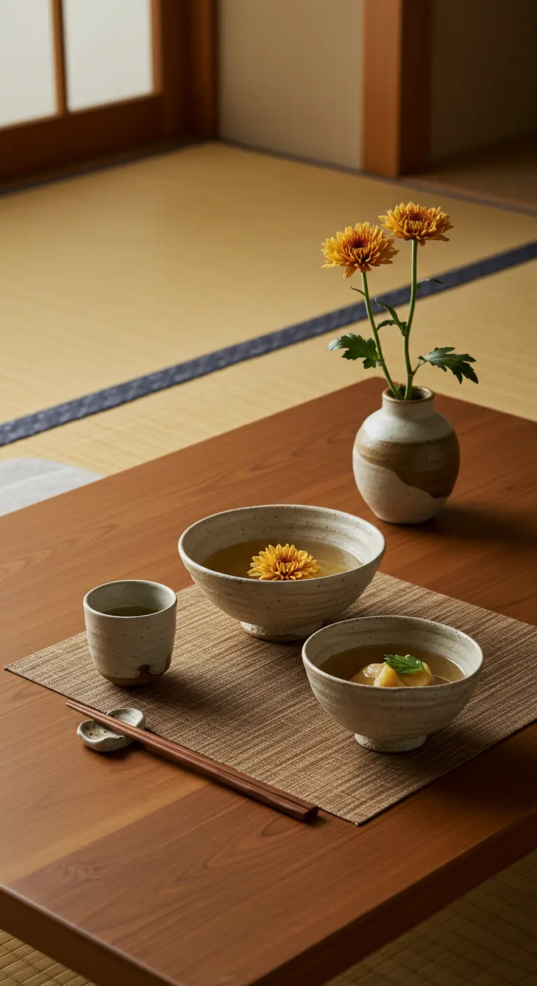 Décor de table japonais avec une fleur de chrysanthème flottant dans un bol.