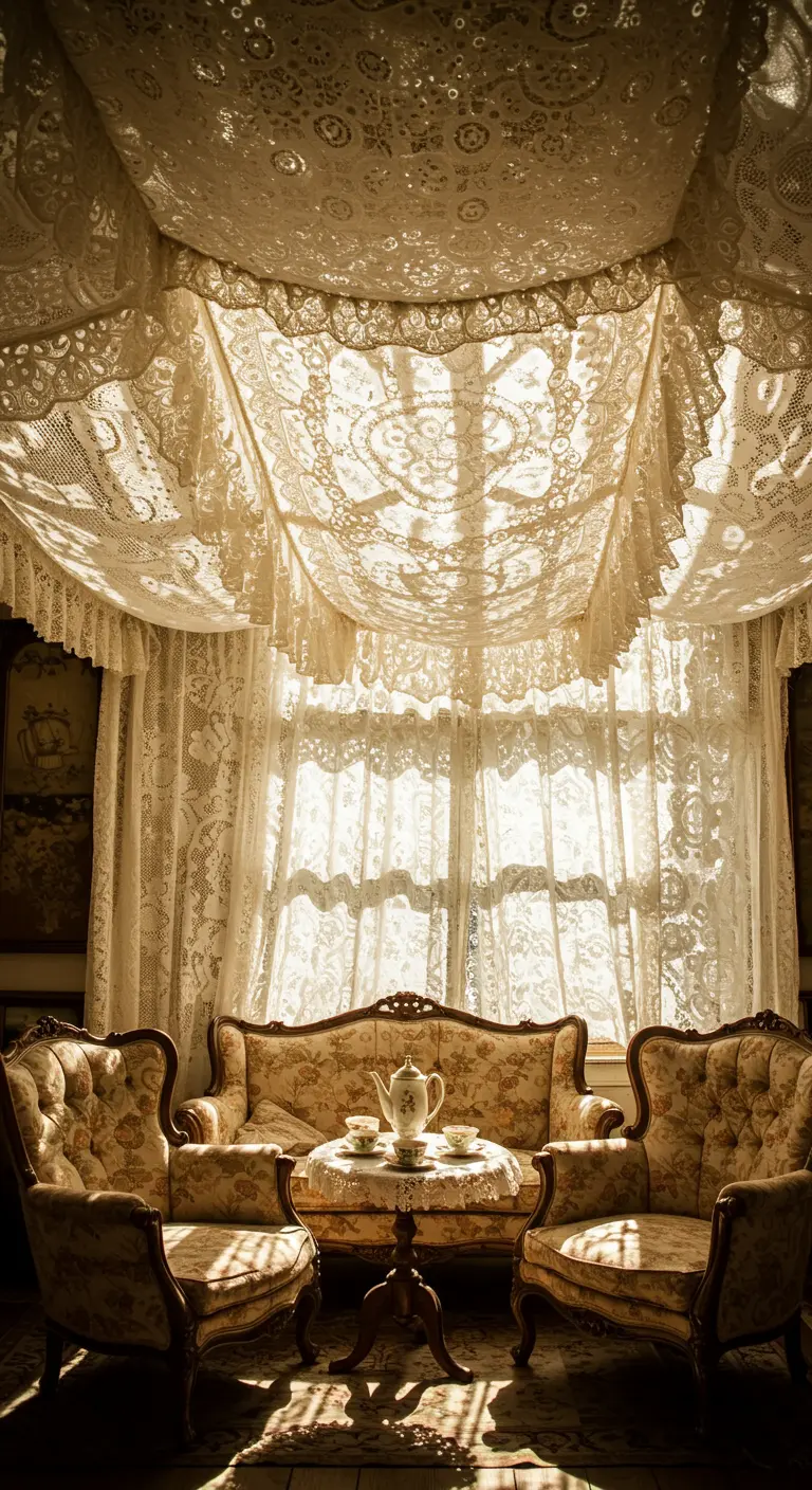 Plafond recouvert de dentelle ancienne créant un baldaquin au-dessus d'un salon vintage.