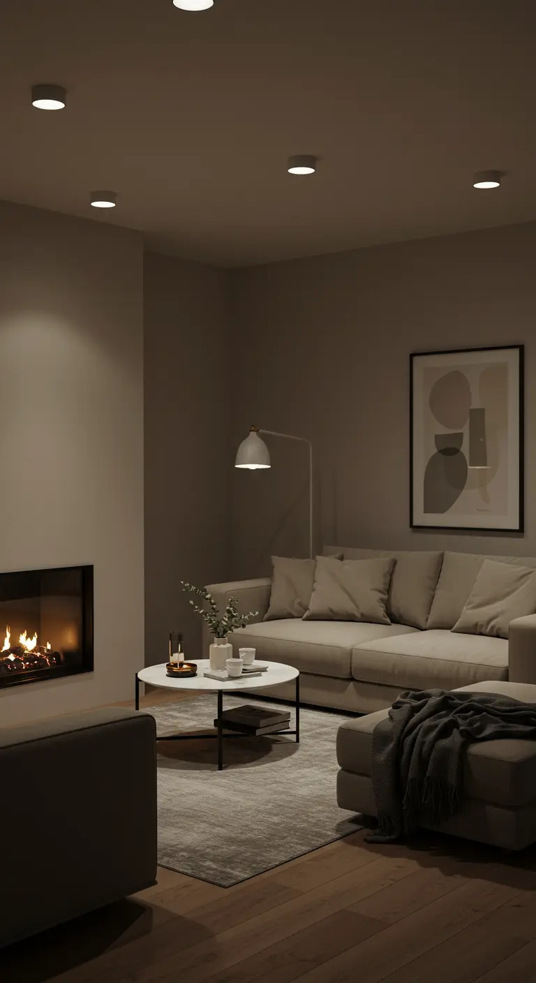 Un salon minimaliste avec des spots encastrés au plafond qui éclairent doucement les murs.