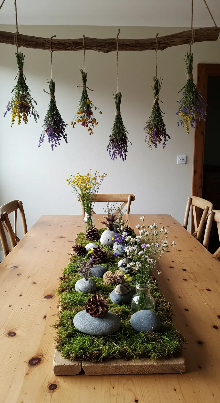 Branche de bois suspendue au-dessus d'une table, décorée de bouquets de fleurs séchées.
