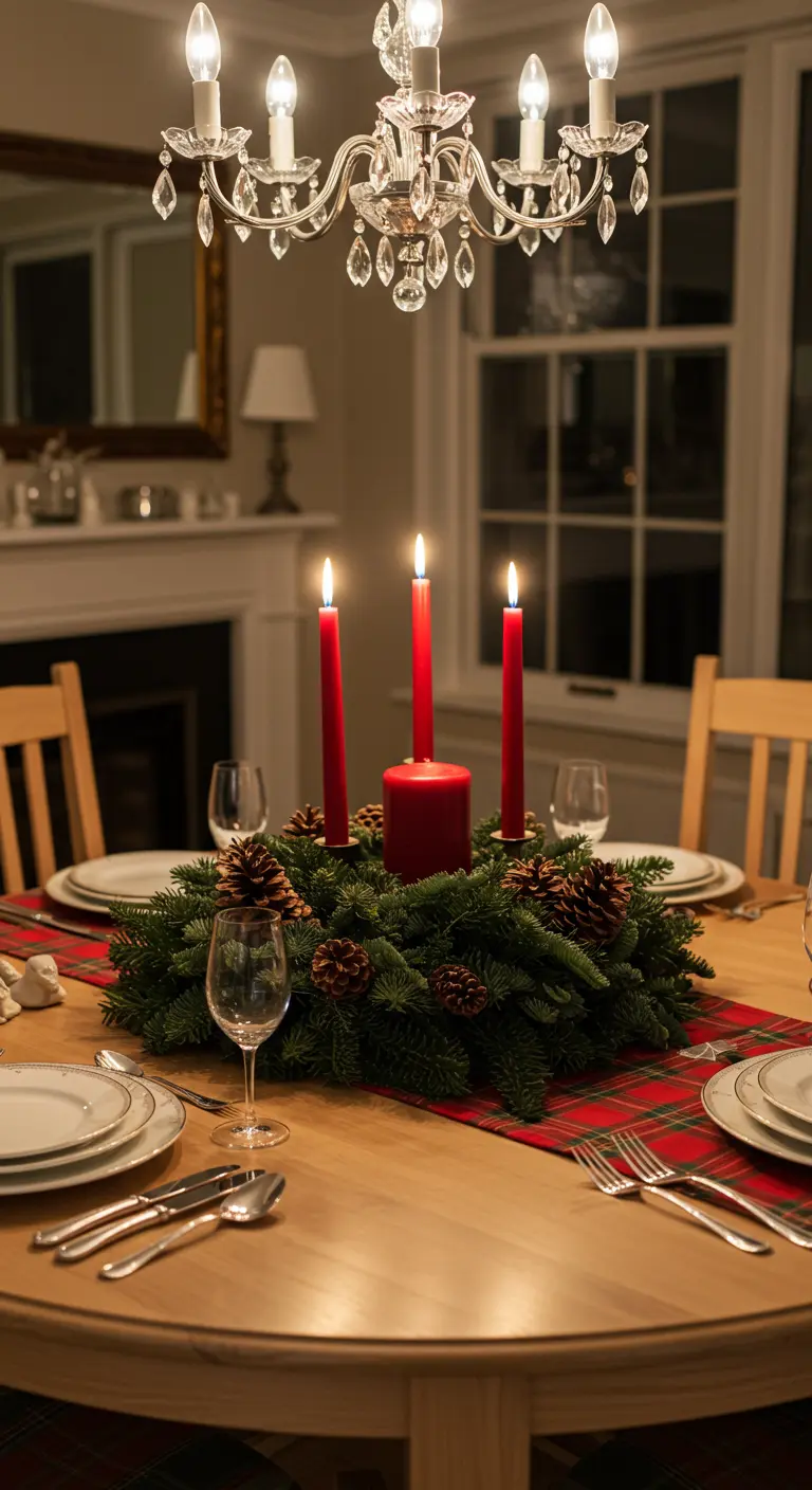 Couronne de l'Avent traditionnelle avec bougies rouges et pommes de pin sur une table en bois.
