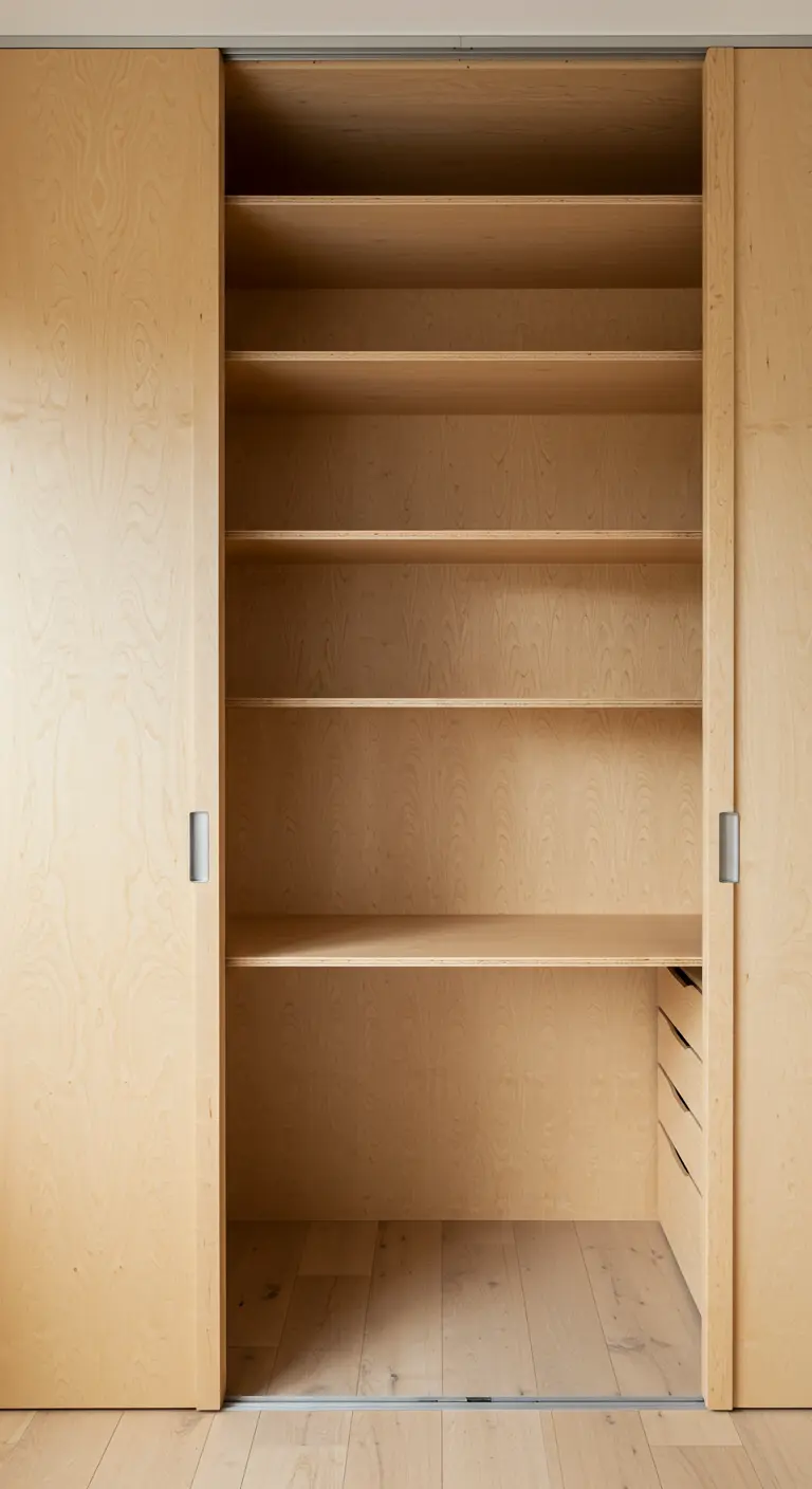 Placard ouvert avec portes coulissantes en bois, aménagé en bureau.