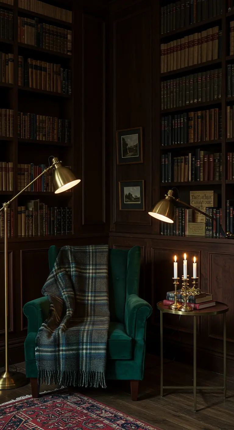 Coin lecture dans une bibliothèque avec fauteuil en velours vert et bougeoir en laiton.