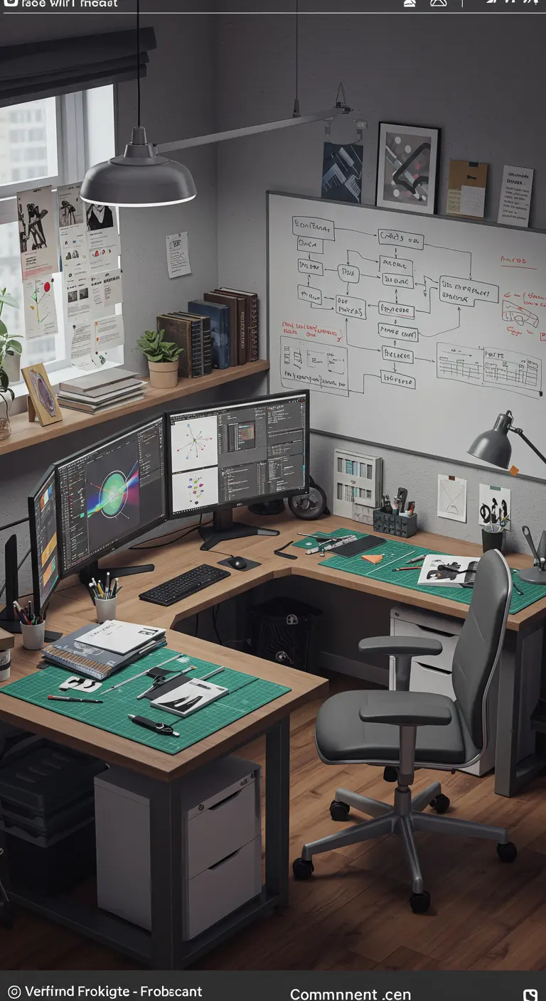 Bureau d'angle pour créatif avec plusieurs écrans, un tableau blanc et des zones de travail.