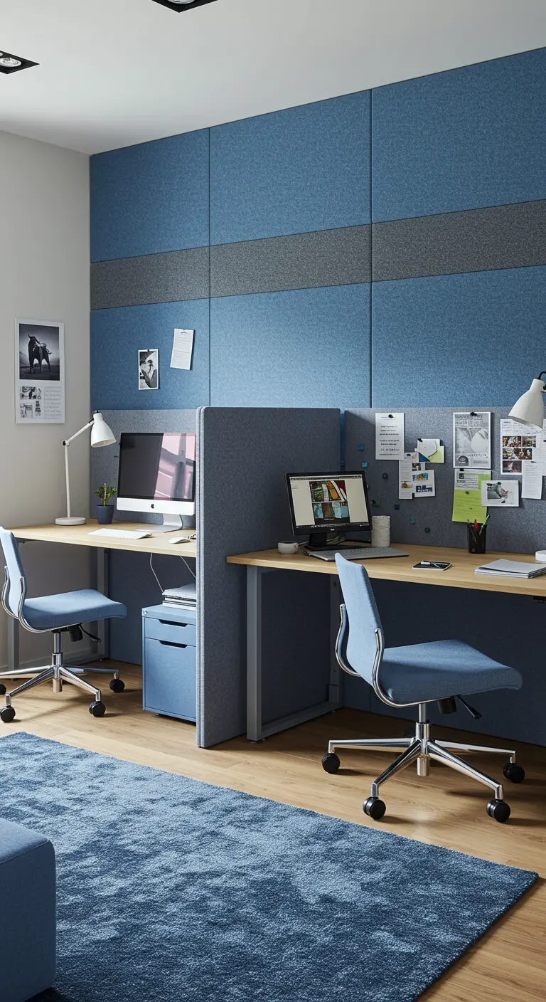 Bureau double avec un mur et un séparateur recouverts de panneaux acoustiques bleus.
