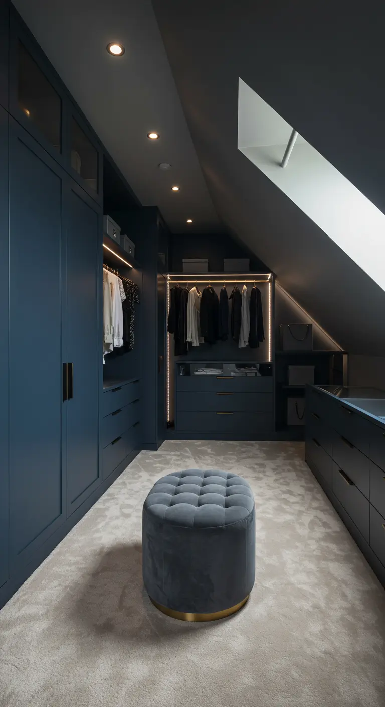 Dressing sous pente bleu nuit avec éclairage LED intégré et pouf en velours.