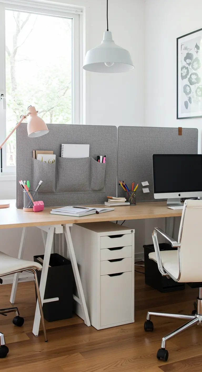 Grand bureau en bois avec des séparateurs en feutre gris qui comportent des pochettes de rangement.