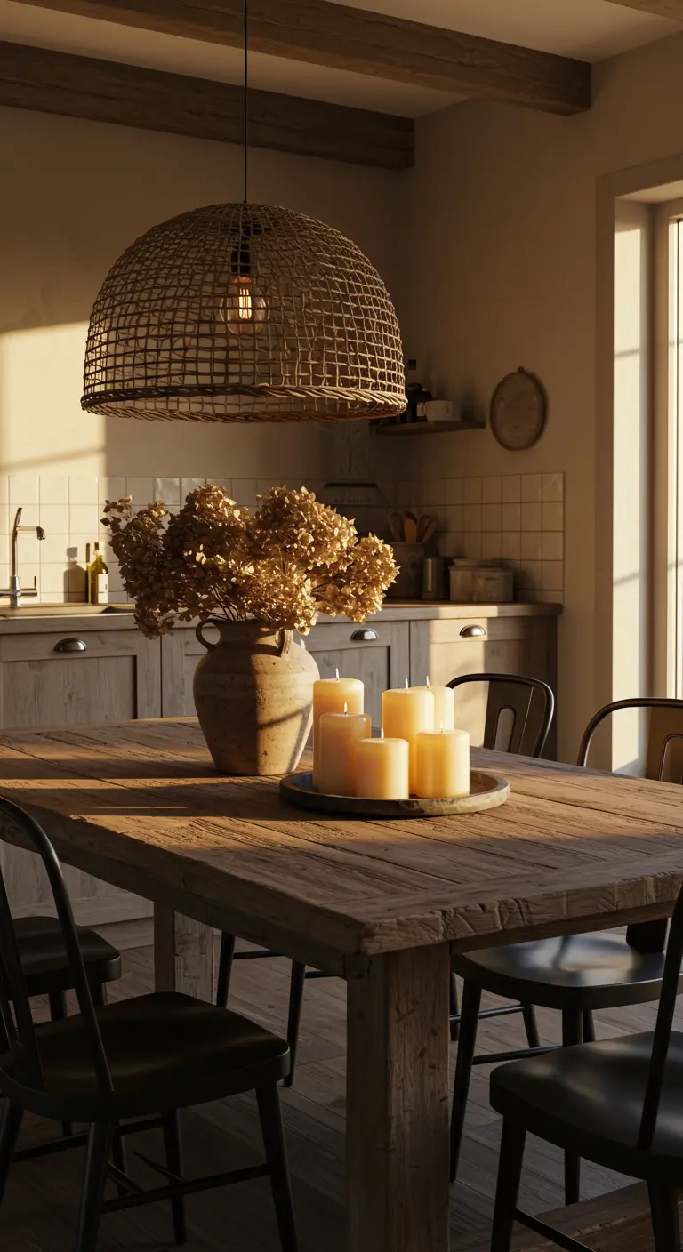 Table de salle à manger en bois éclairée par un amas de bougies et une suspension en osier.