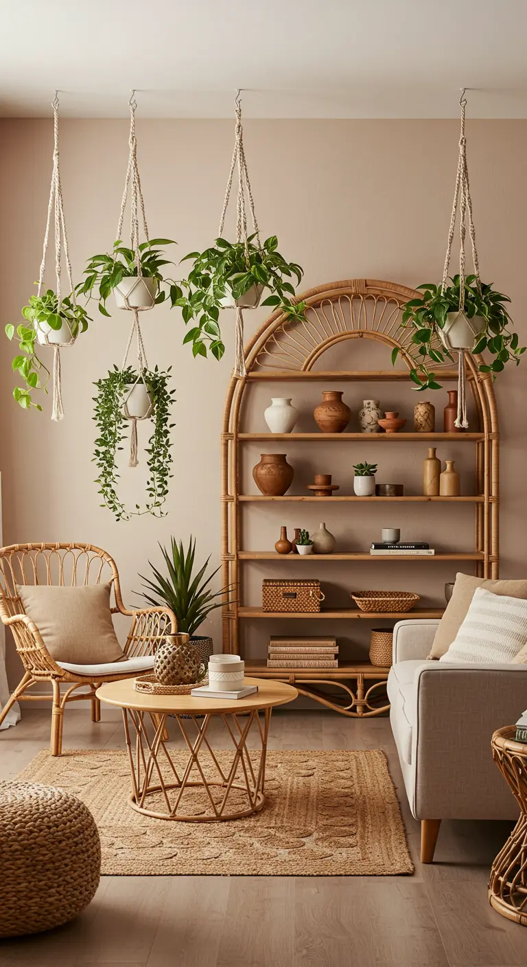 Salon bohème avec une étagère en rotin, des chaises en rotin et plusieurs plantes suspendues en macramé.
