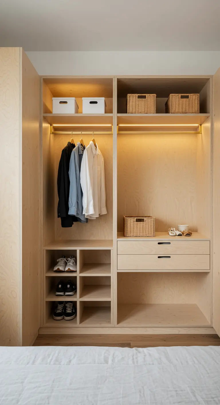 Dressing en bois de bouleau clair avec éclairage LED intégré sous les étagères.