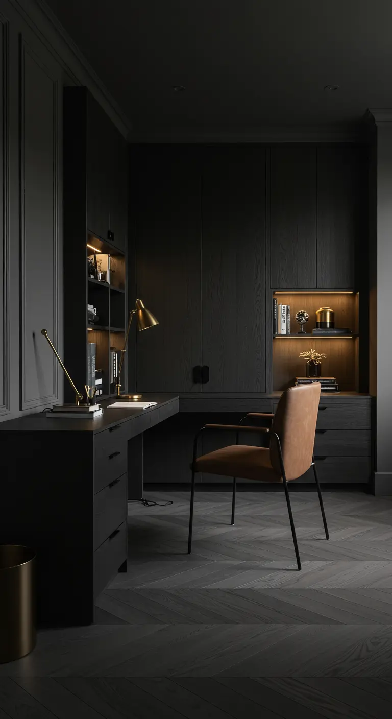 Bureau en bois noir sur mesure avec éclairage intégré dans un intérieur sombre.