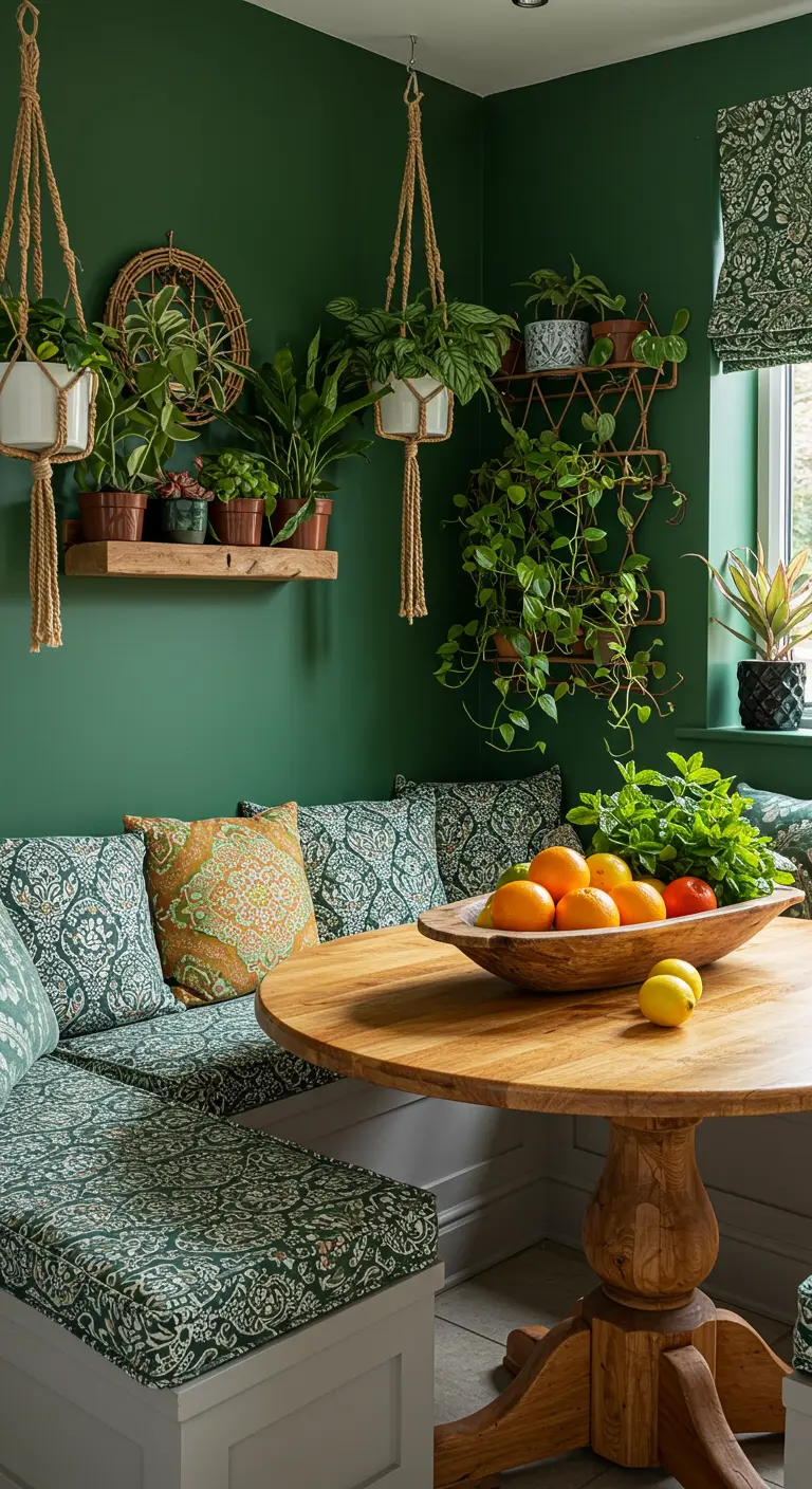 Coin repas cosy avec banquette, murs verts et nombreuses plantes d'intérieur.