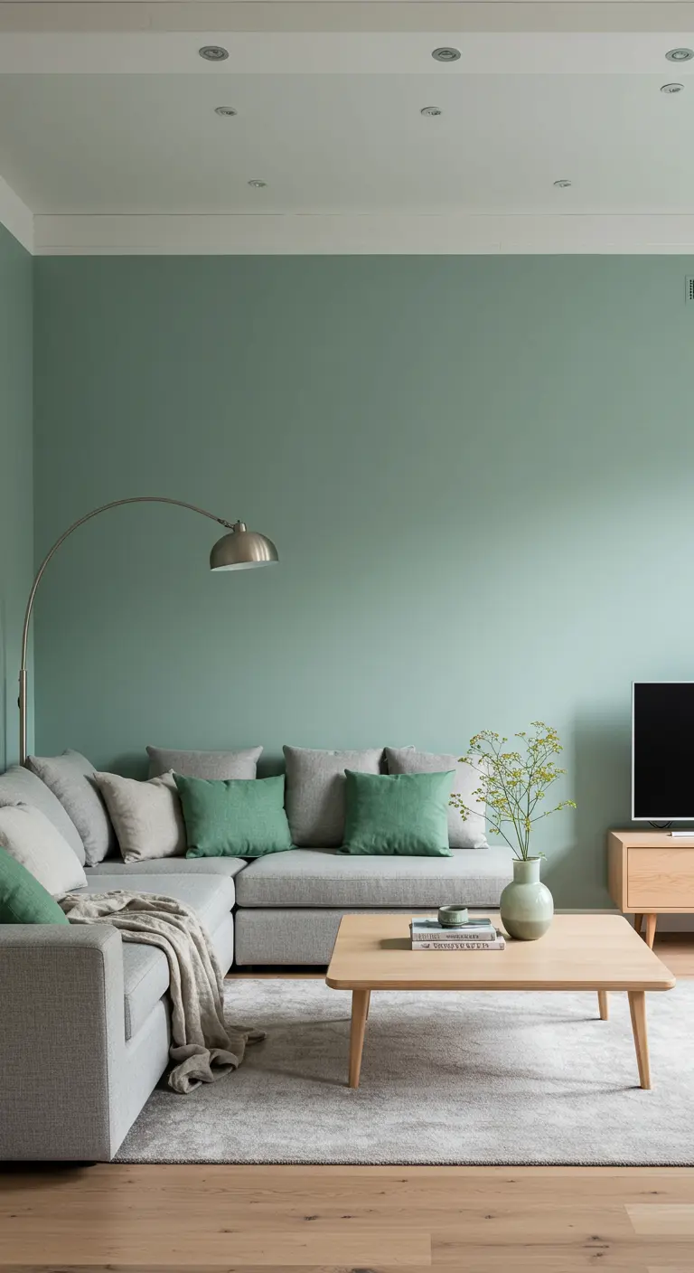 Grand canapé d'angle gris dans un salon avec des murs vert foncé et un lampadaire arqué.