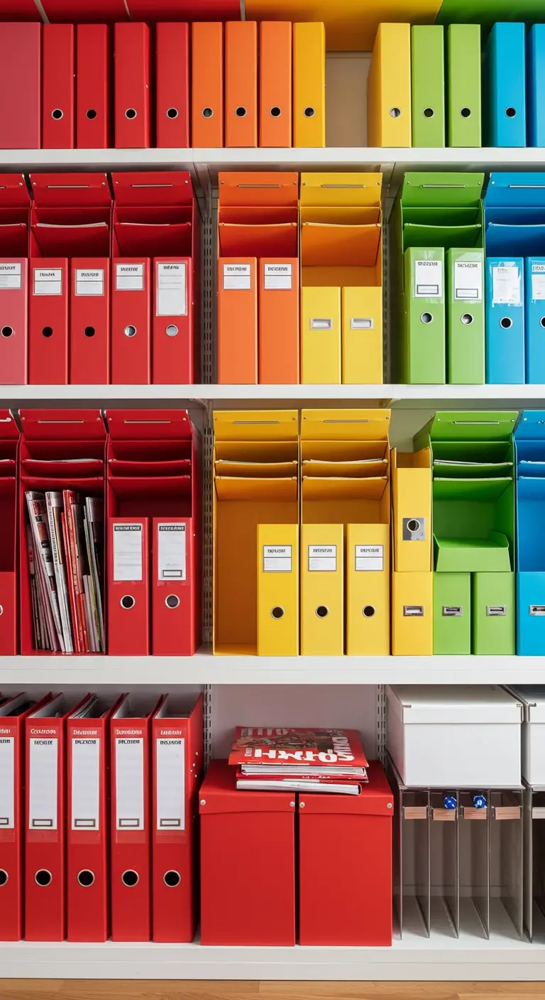 Étagères remplies de classeurs et boîtes de rangement colorés selon un code couleur arc-en-ciel.