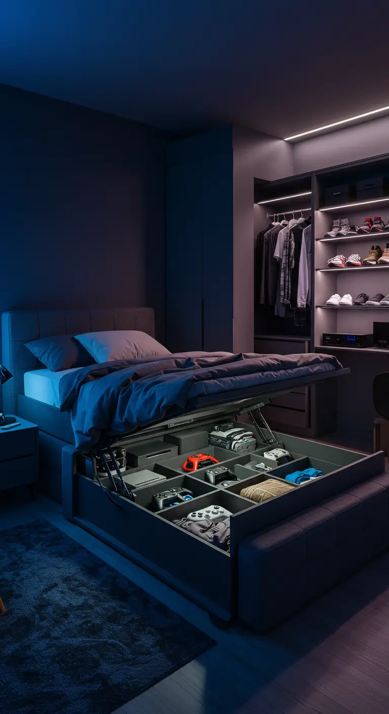 Chambre de gamer avec un lit-coffre relevable révélant un rangement organisé pour les consoles et manettes.