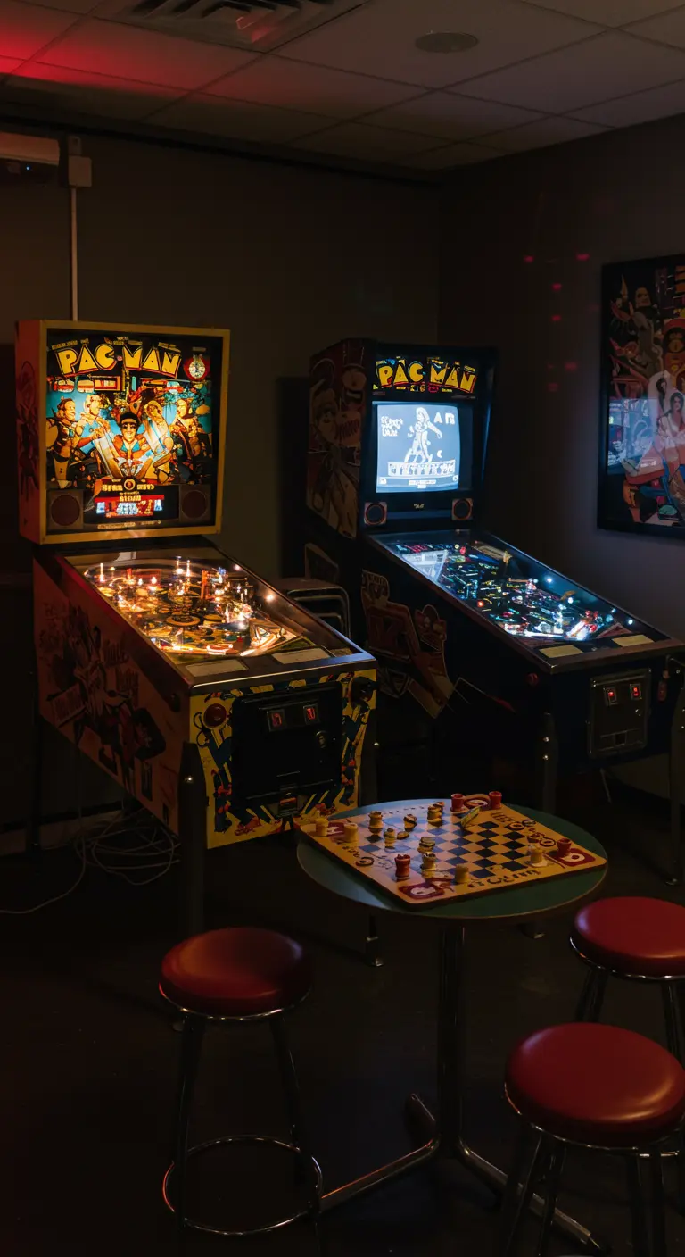 Coin d'une salle avec des flippers et des bornes d'arcade vintage.