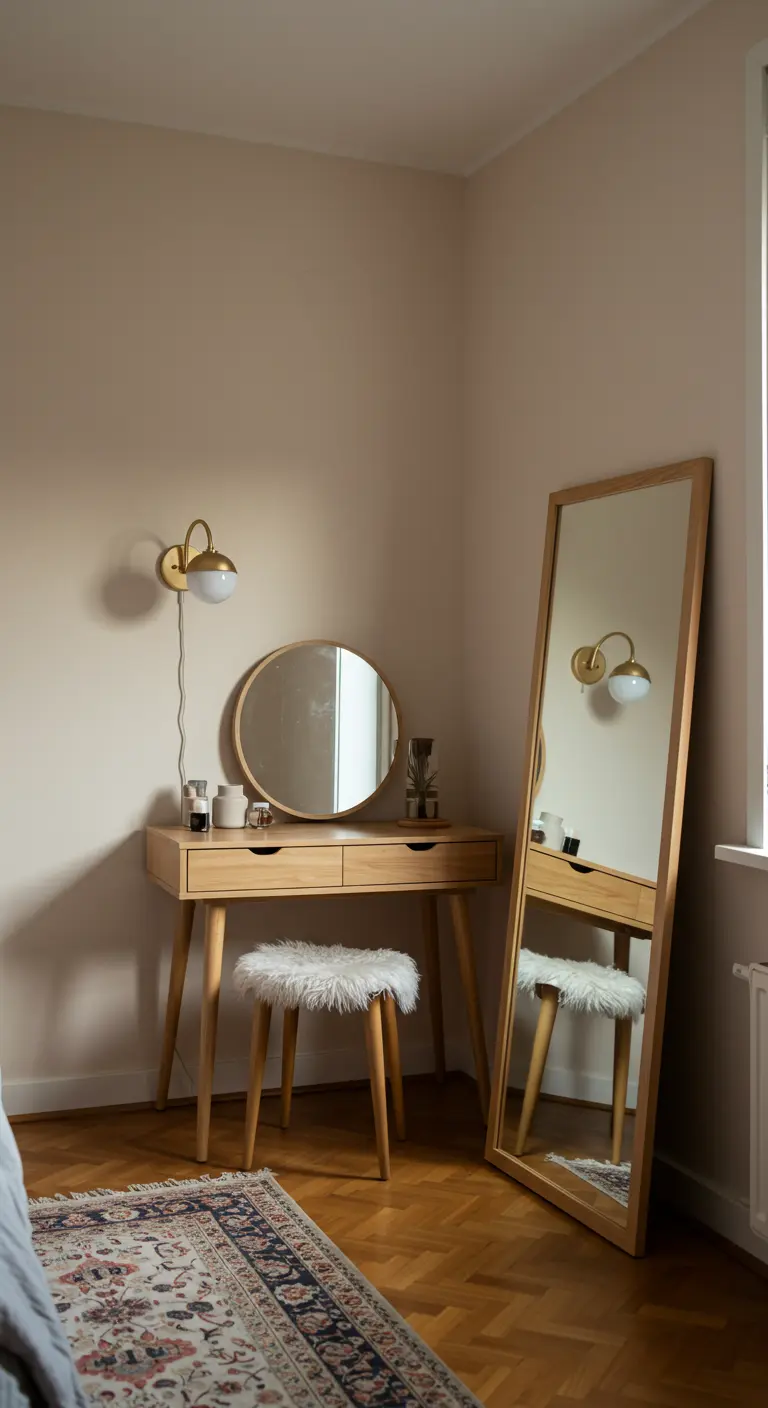 Coin coiffeuse avec une table en bois, un tabouret en fourrure et deux miroirs.