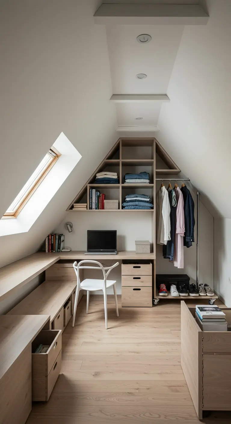 Dressing mansardé en bois clair combiné avec un bureau et une penderie sur roulettes.