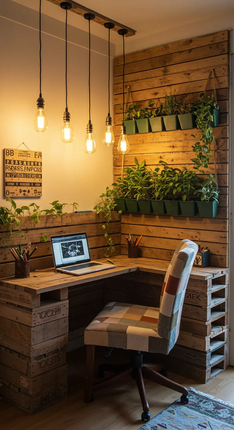 Bureau d'angle en palettes de bois recyclées avec suspensions d'ampoules Edison et plantes murales.