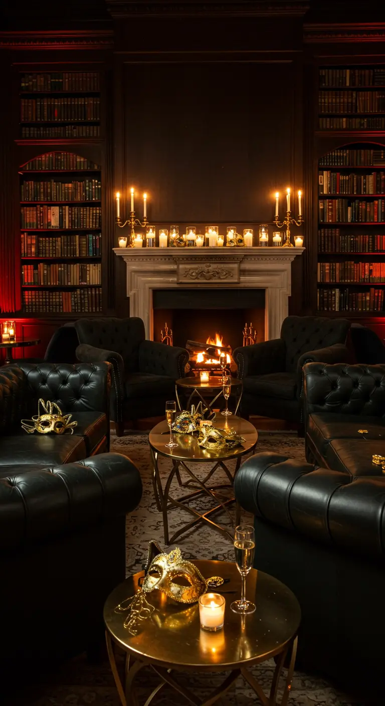 Salon feutré avec cheminée, fauteuils en cuir et masques dorés sur les tables.
