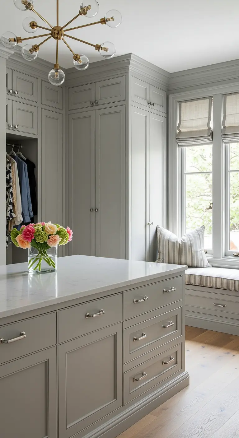 Dressing gris clair avec un îlot central et une banquette aménagée sous la fenêtre.