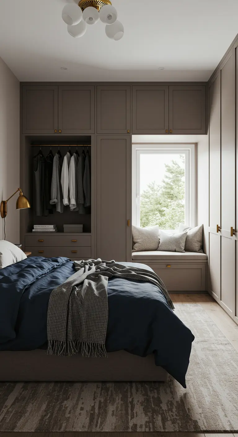 Armoire sur mesure gris taupe intégrant une banquette avec des coussins sous une fenêtre.