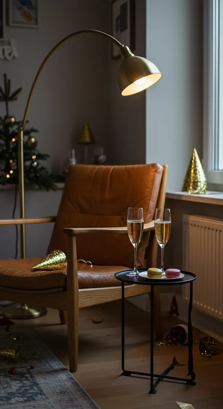 Fauteuil en cuir avec une lampe de lecture dorée et des flûtes de champagne.
