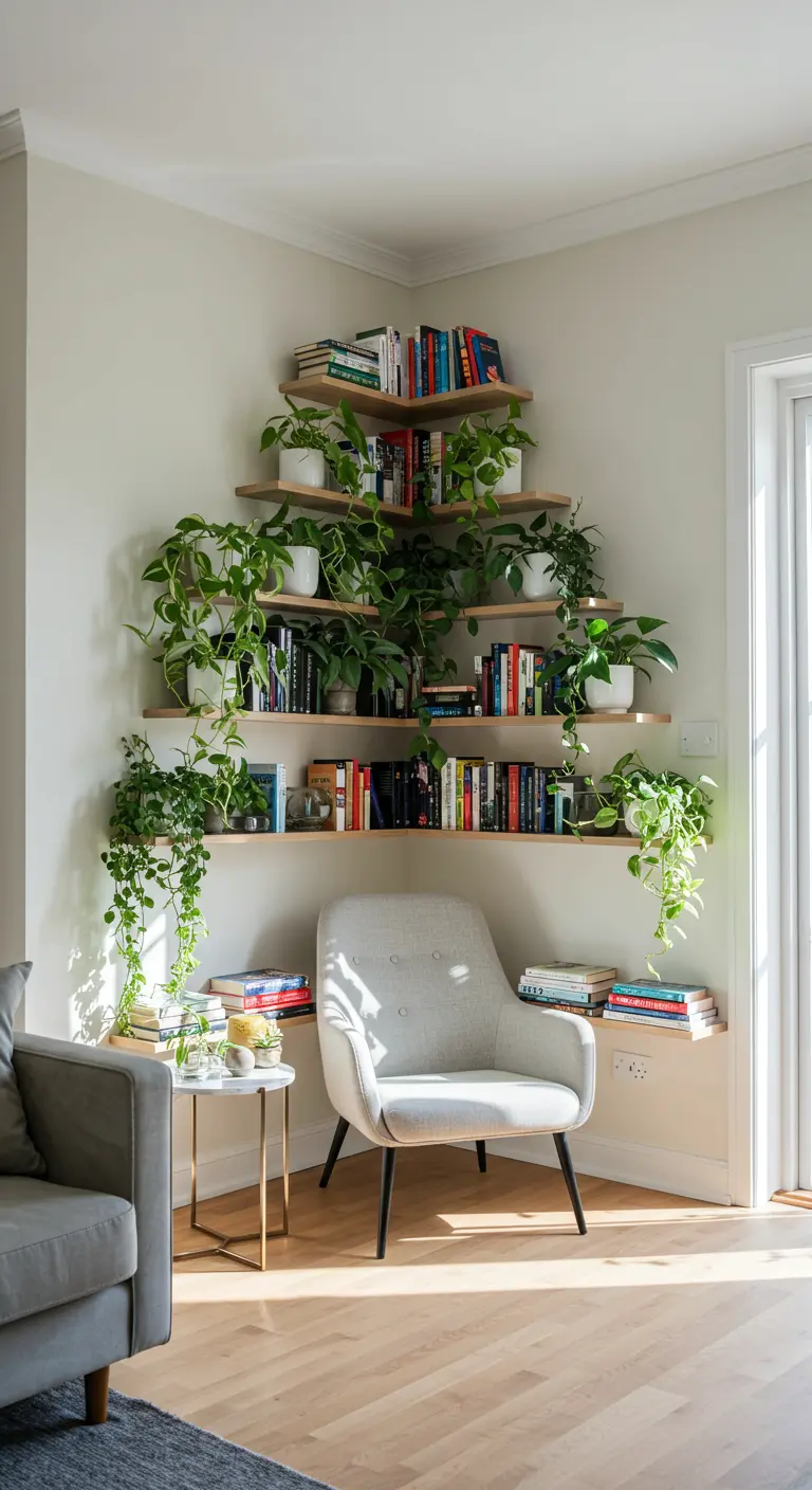 Étagères d'angle en bois remplies de livres et de plantes vertes, créant un coin lecture cosy.