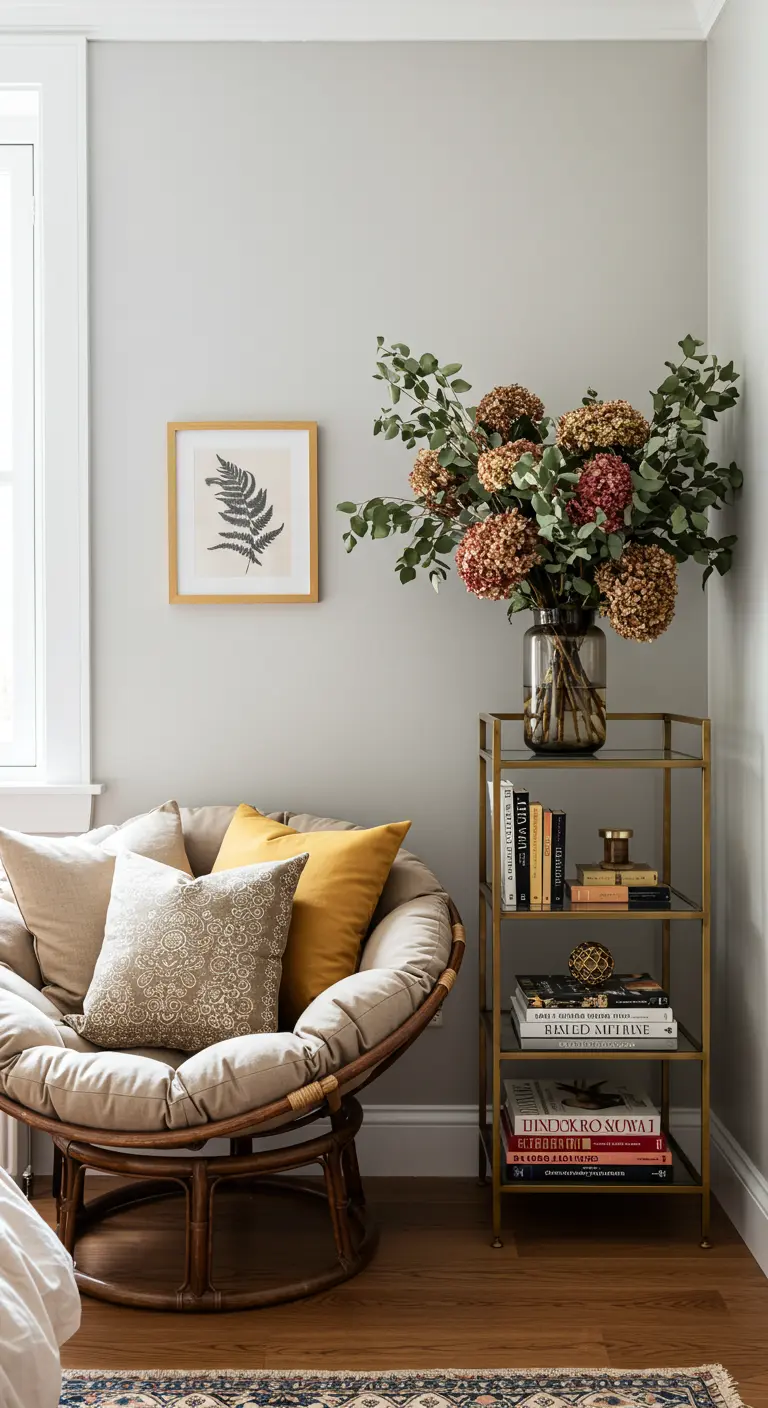 Fauteuil Papasan en rotin dans un coin lecture avec une étagère dorée.