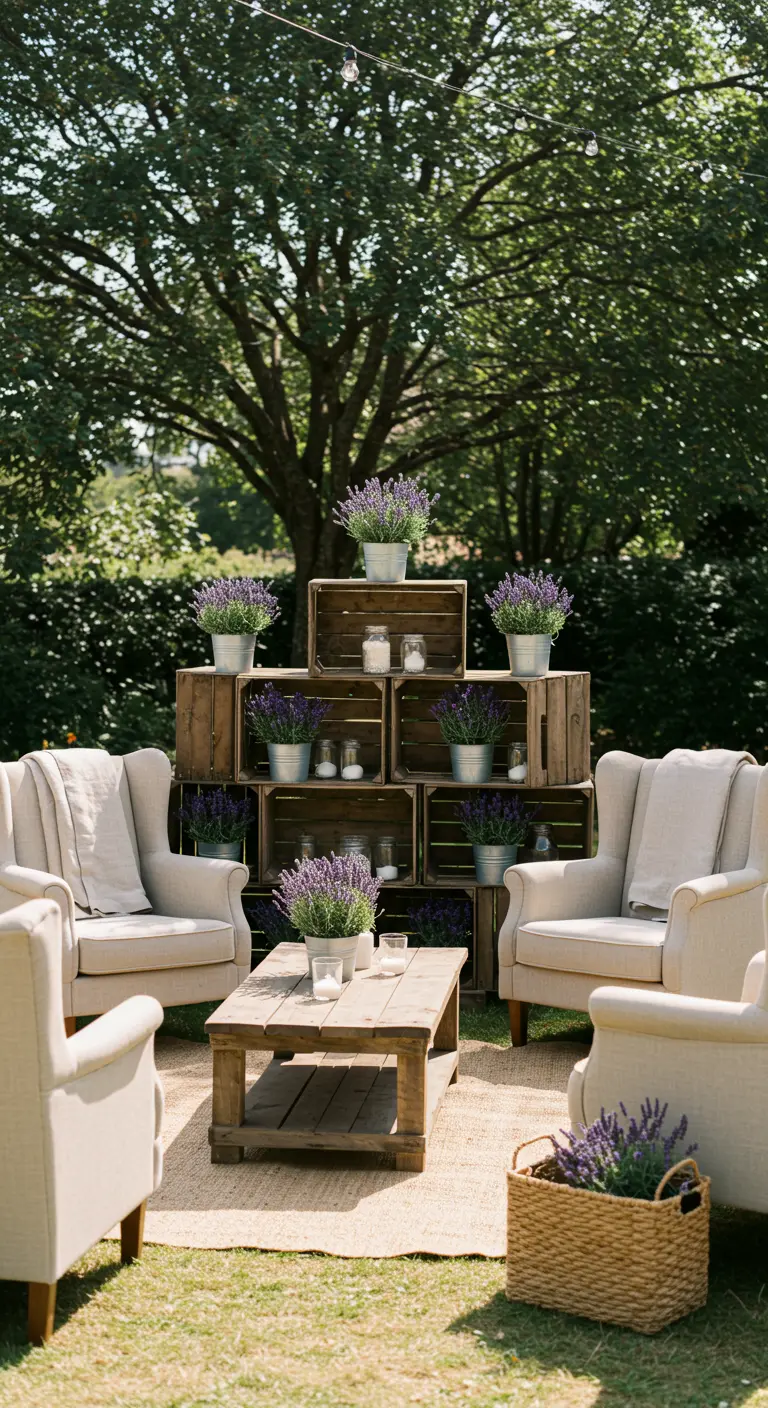 Coin salon extérieur avec des fauteuils et un mur de caisses en bois et lavande.