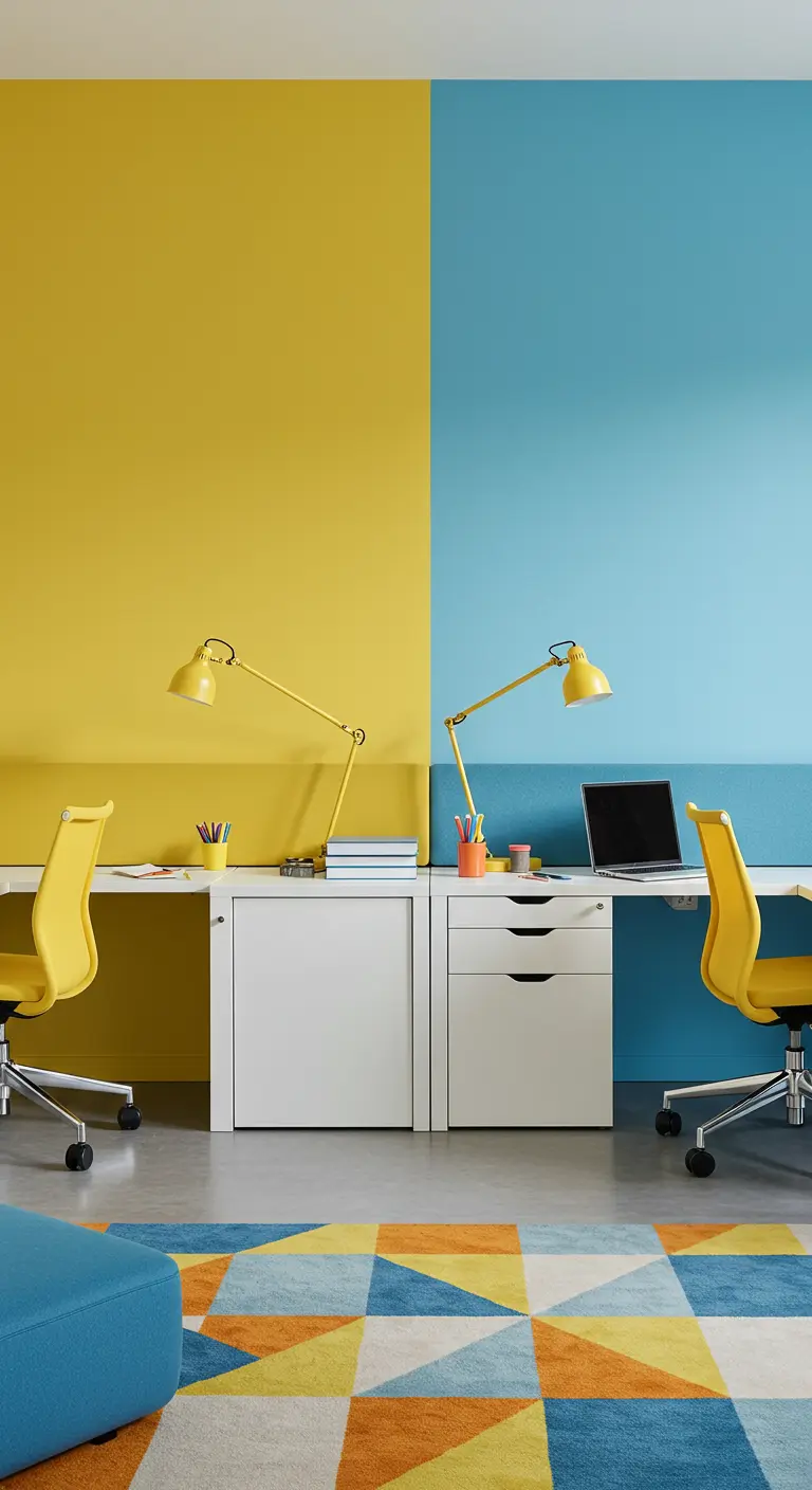 Deux postes de travail séparés par un mur peint en deux couleurs vives, jaune et bleu.