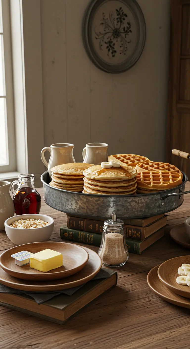 Pancakes et gaufres sur un plateau en métal galvanisé posé sur des livres anciens.