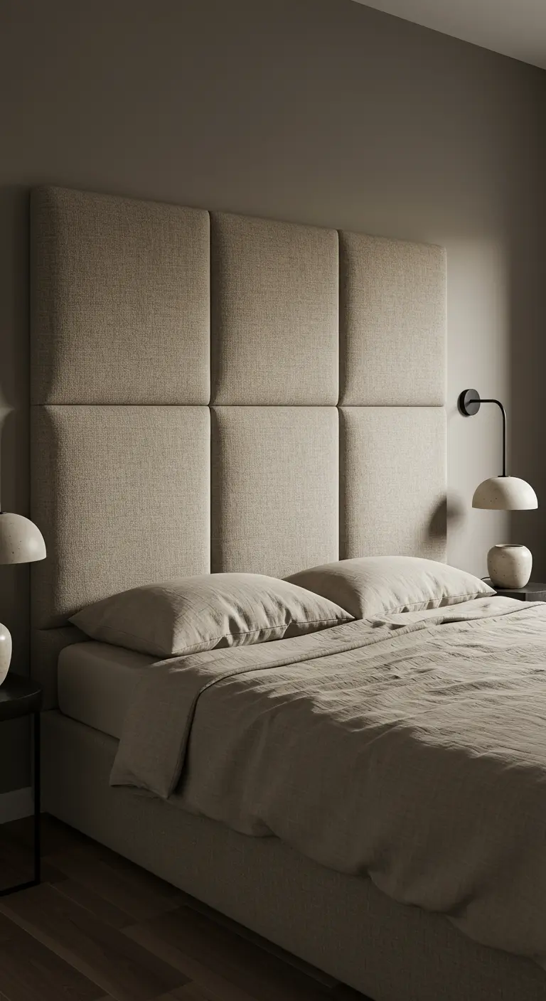 Une tête de lit composée de six grands panneaux carrés rembourrés et recouverts de tissu beige.