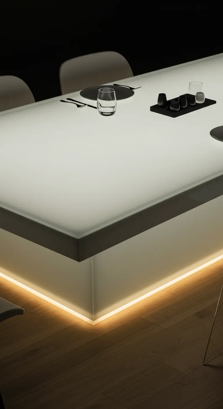 Table blanche minimaliste avec un rebord lumineux, éclairée par un ruban LED caché en dessous.