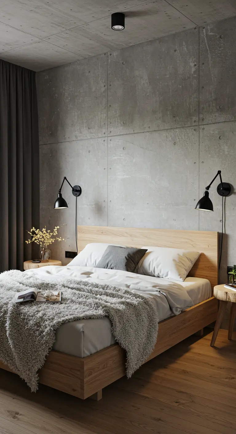 Chambre de style industriel avec mur en béton, lit en bois et appliques noires.