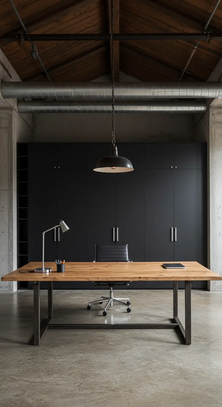 Grand bureau en bois massif devant un mur de placards noirs dans un loft industriel.