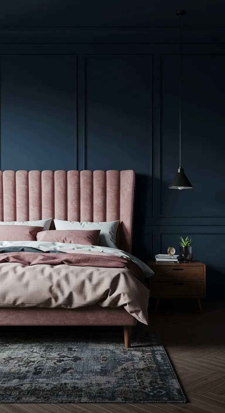 Tête de lit en velours rose poudré contre un mur bleu nuit avec moulures.