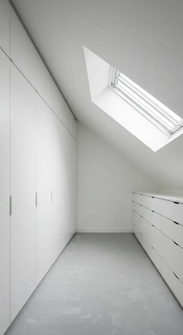 Dressing mansardé minimaliste tout blanc avec portes sans poignées et sol en béton ciré.