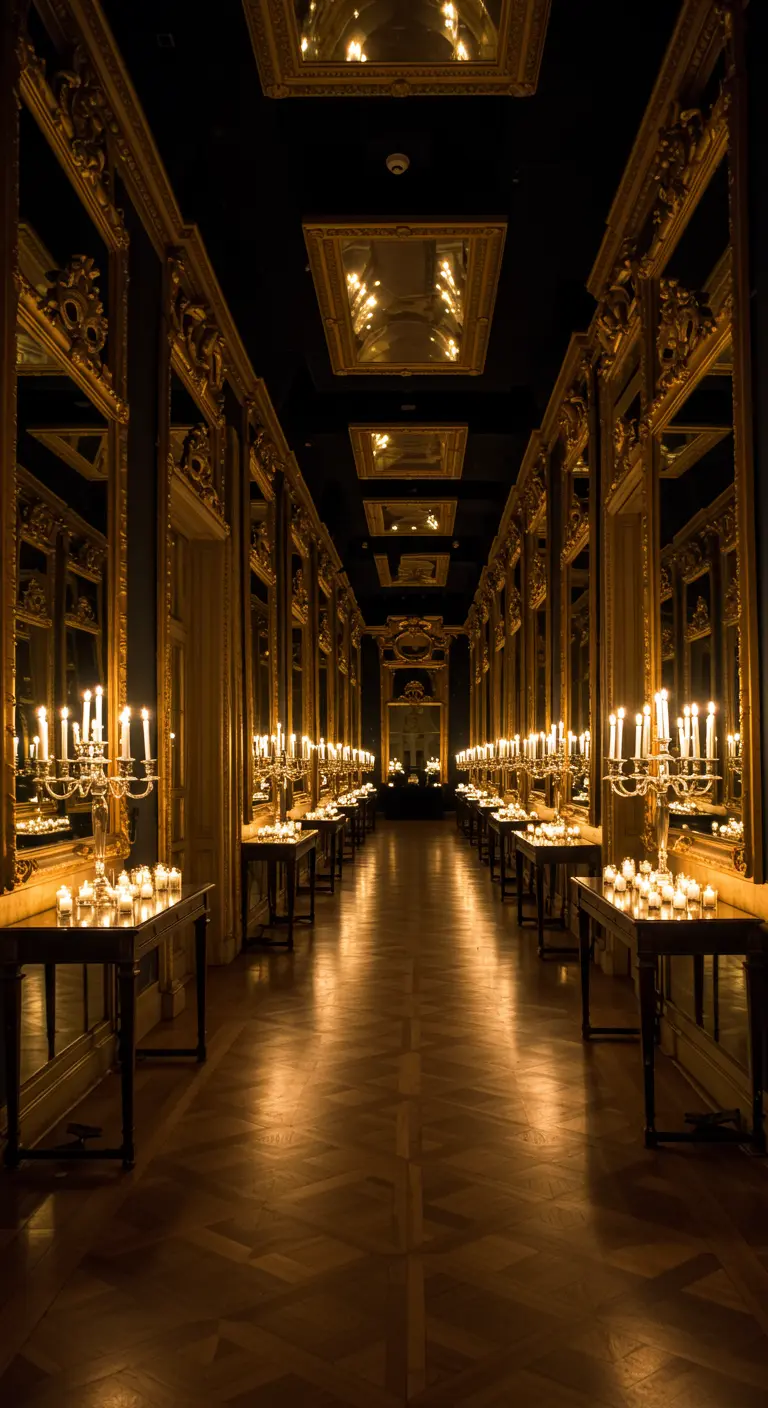 Long couloir sombre bordé de miroirs dorés et de tables avec des candélabres.