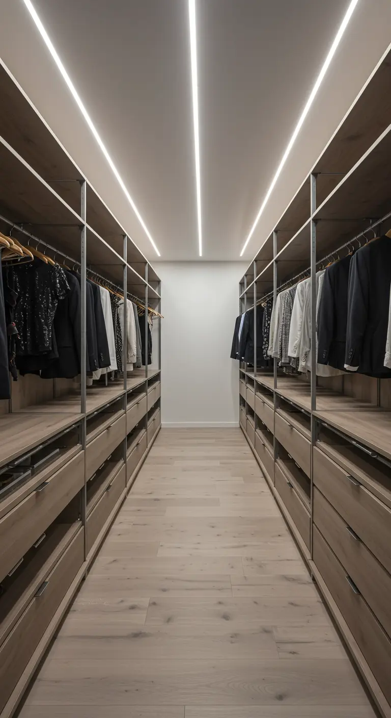 Dressing en couloir avec des lignes de lumière LED intégrées au plafond.